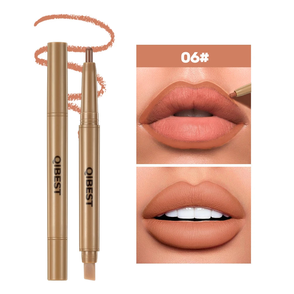 QIBEST Double Ended Lip Liner&Brush Pen 2 In 1 Stick Mist Matte Contour Tint Lipstick Pencil Nude Black Lipliner Lasting Makeup