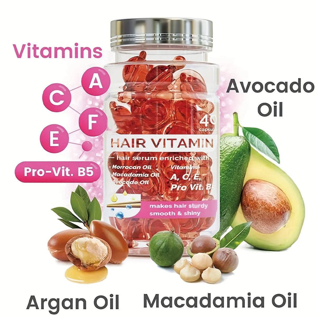 40 Capsules Leave-In Vitamin Hair Care Capsules, Moroccan Argan Nut Oil Essence, Repair Damaged Hair & Split Ends, Nourish Dry Frizzy Hair