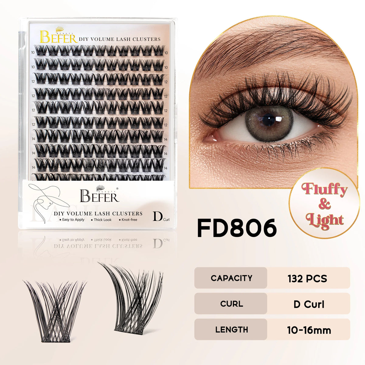 BEFER Cluster Lashes D Curl DIY Eyeslash Extension Lash Cluster Fluffy Volume Individual Natural False Eyelashes Clusters