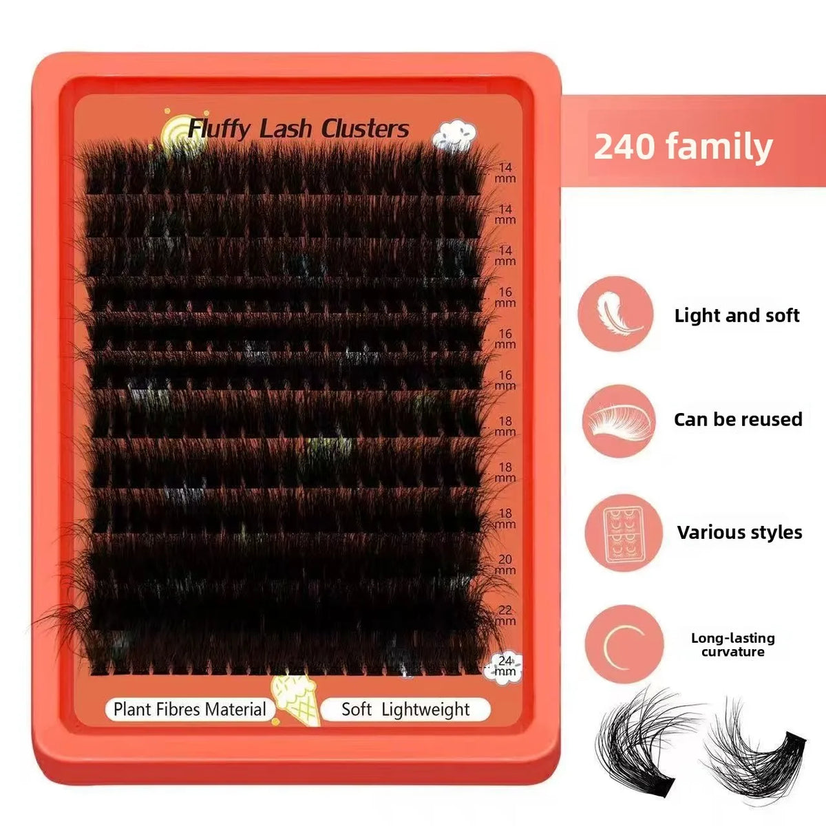 80D-100D Fluffy Cluster Lashes 8D D Curl 0.07mm 14-22mm Mixed Tray DIY Soft Reusable Lash Extensions For Home Beginners