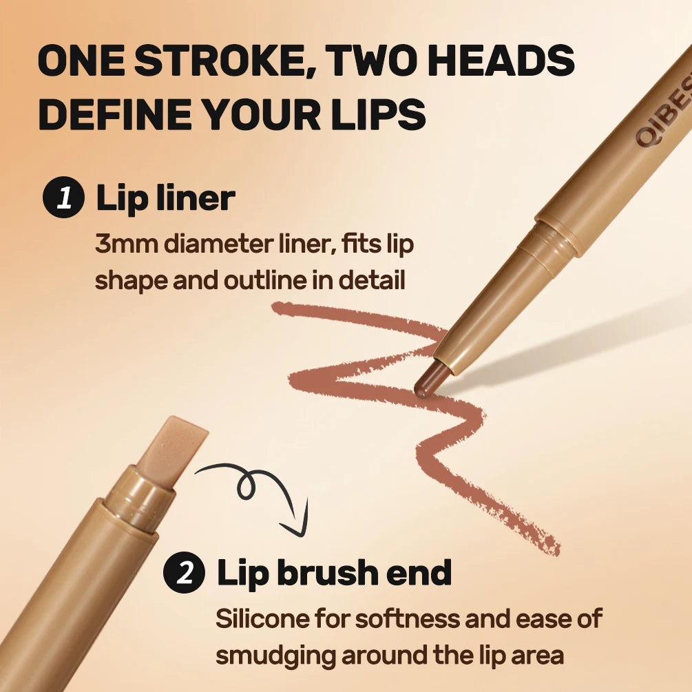 QIBEST Double Ended Lip Liner&Brush Pen 2 In 1 Stick Mist Matte Contour Tint Lipstick Pencil Nude Black Lipliner Lasting Makeup