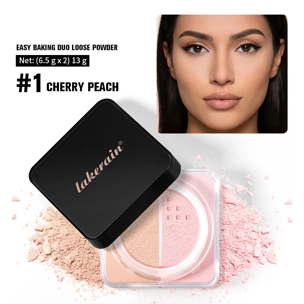 Lakerain Dual Color Loose Powder Baking Setting Face Powder Long Lasting Oil Control Matte Makeup for Women Girls Daily Party Co