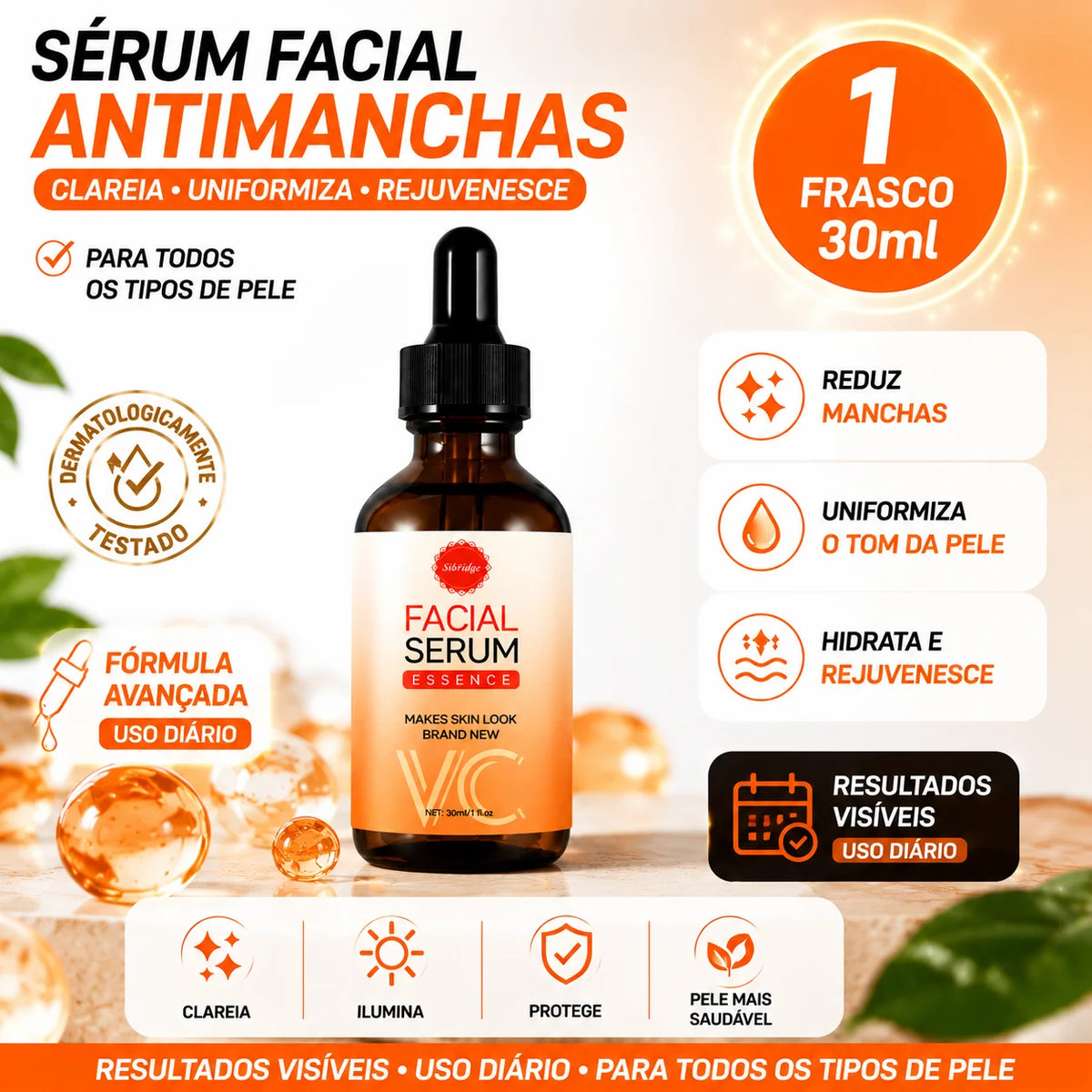Sérum Clareador Cutâneo com Vitamina C, Combate Melasma e Manchas, Uniformiza e Renova o Tom da Pele