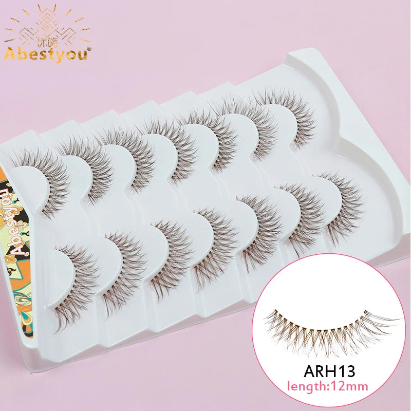Abestyou Offical 7Pair 12mm Short Brown Coffee Color False EyeLashes Natural Long Wispy Invisible Band Full Strip 3d Mink Lashes