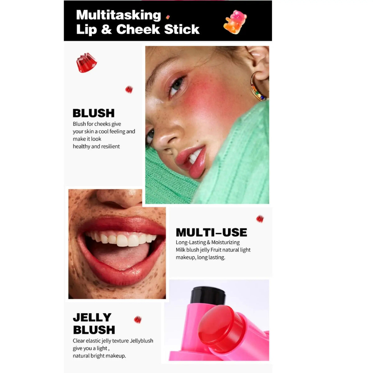 Lip Cheek Jelly Blush Stick Water Tint Lightweight Long Lasting Makeup Blusher Cosmetics Natural Flush Beauty