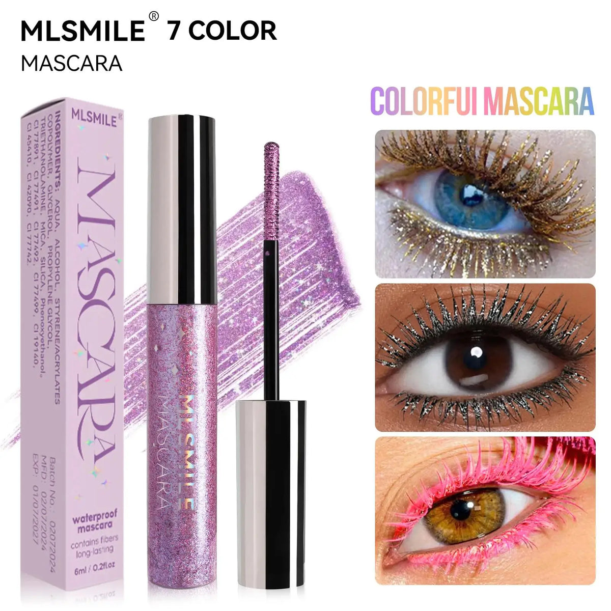 Waterproof Glitter Mascara Volumizing Curling Long Wearing Smudge Proof Fast Drying Pearlescent Lash Booster