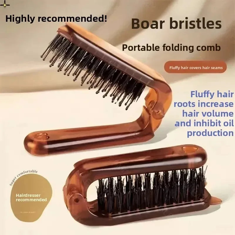 Foldable Portable Boar Bristle Hair Brush Comb Travel Hair Styling Accessory with Relaxing Head Massager Function for On-the-Go
