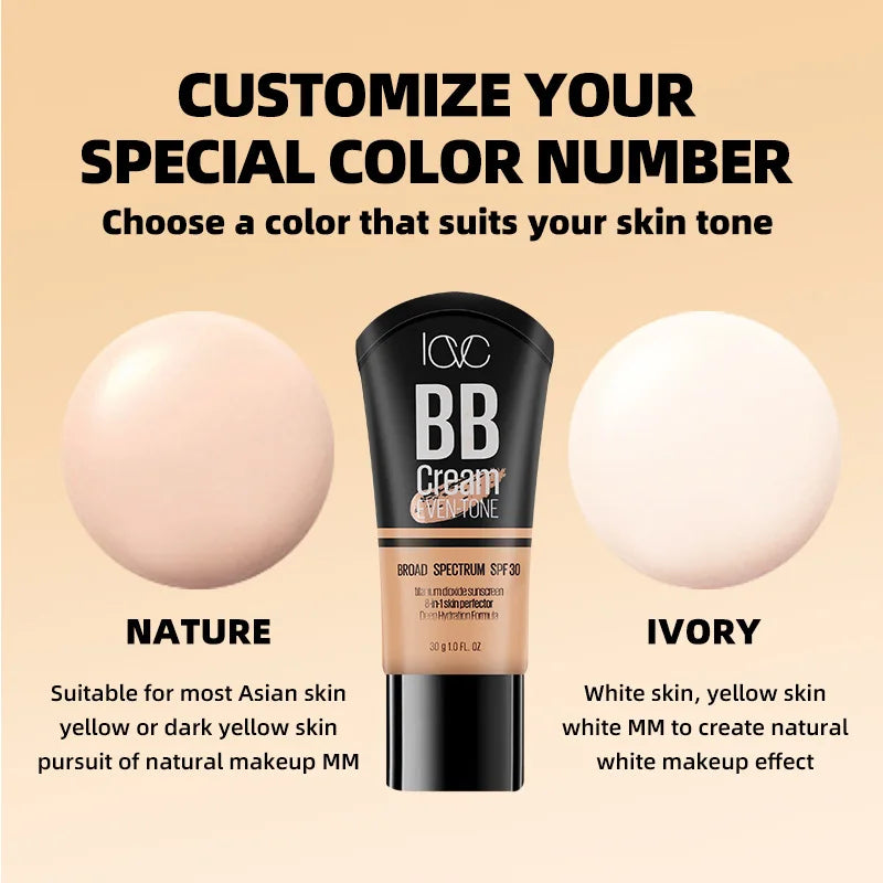 SPF30 Moisture Sunscreen BB Cream Liquid Face Base Foundation Whitening BB Cream Foundation Cream Face Makeup Concealer Cream