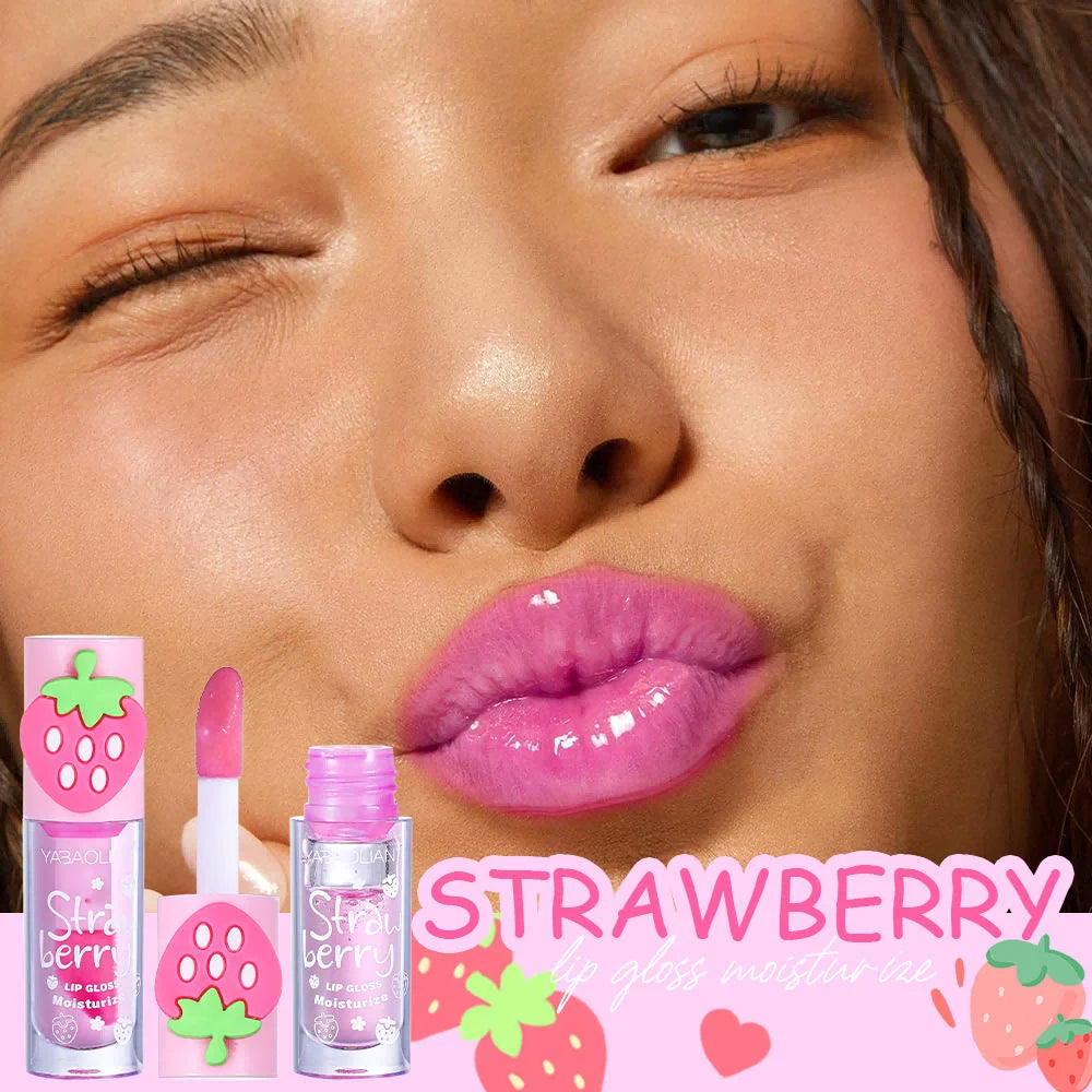 YABAOLIAN 3D Strawberry Mirror Lip Oil, Moisturizing Fade Lip Lines Water Jelly Lip Gloss Transparent Plump Lips Lipstick