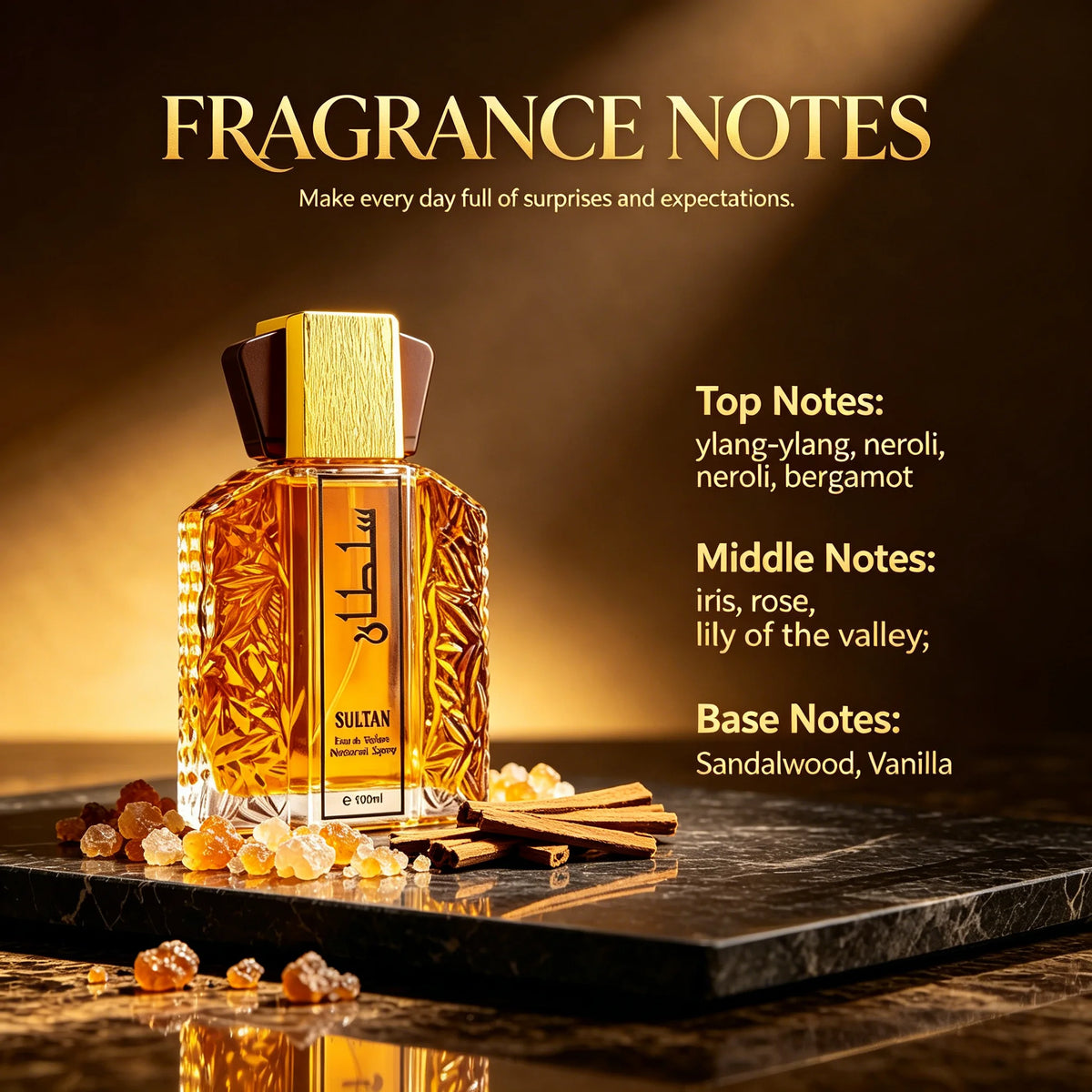 100ml Sultan Arabian Oriental Men Eau De Toilette, Long Lasting Floral Woody Cologne, Ylang Neroli Bergamot, Iris Rose Sandalwood Vanilla Scent, Luxury Middle Eastern Fragrance for Daily Dating Party Gift