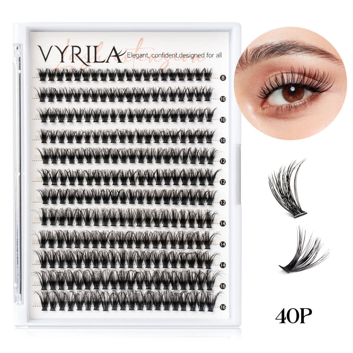 VYRILA Lash Extension Kit Wispy C Curl Lash Clusters Kit Hush 8-16mix Individual Lashes with Lash Bond and Seal Lash Tweezers