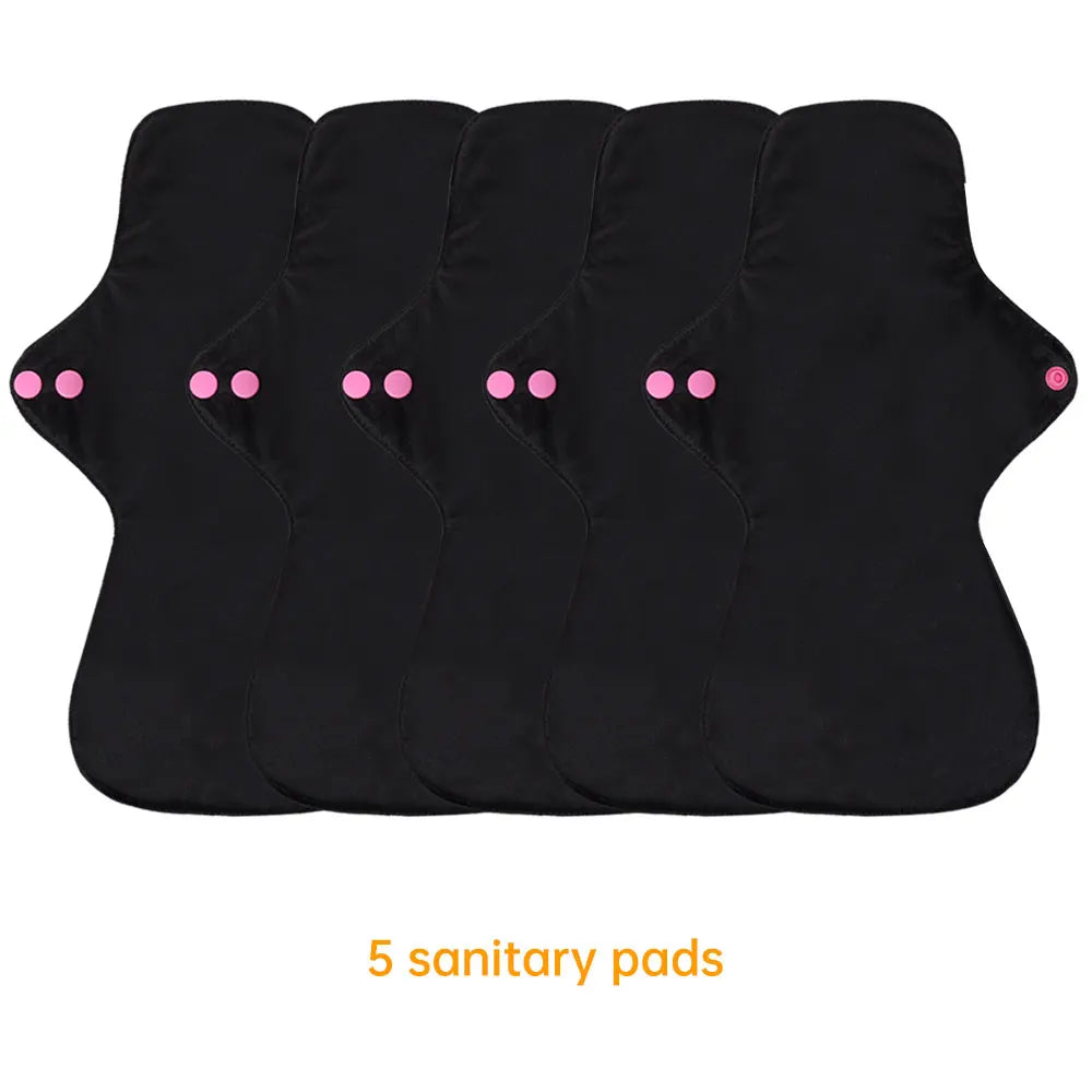 Reusable Pads Set 4 Sizes for Choice Pure Black Reusable Menstrual Pads Super Absorbent Sanitary Napkins.