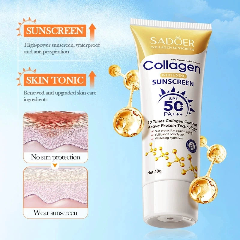 SADOER Spf 50+ Collagen Sunscreen for Face Body Sun Block Whitening Creams Solar Blocker Anti-aging Facial Sunscreen