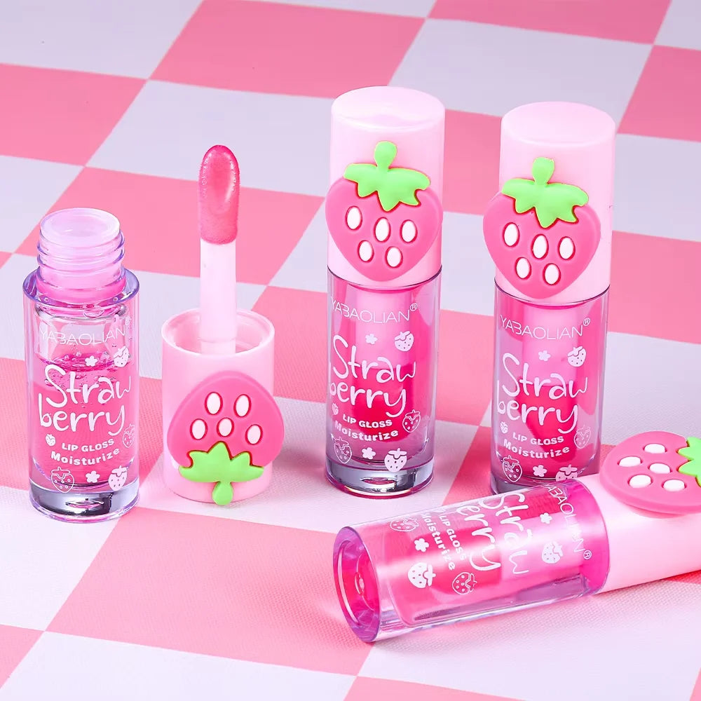 YABAOLIAN 3D Strawberry Mirror Lip Oil, Moisturizing Fade Lip Lines Water Jelly Lip Gloss Transparent Plump Lips Lipstick