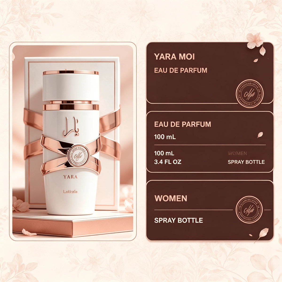 Lattafa Yara Moi Eau De Parfum 3.4 oz / 100 ml for Women, White Yara Sweet Fruity Floral Gourmand Perfume with Pear, Pink Pepper, Black Currant, Tuberose, Jasmine, Almond, Vanilla, Cashmeran and Patchouli, Elegant Signature S