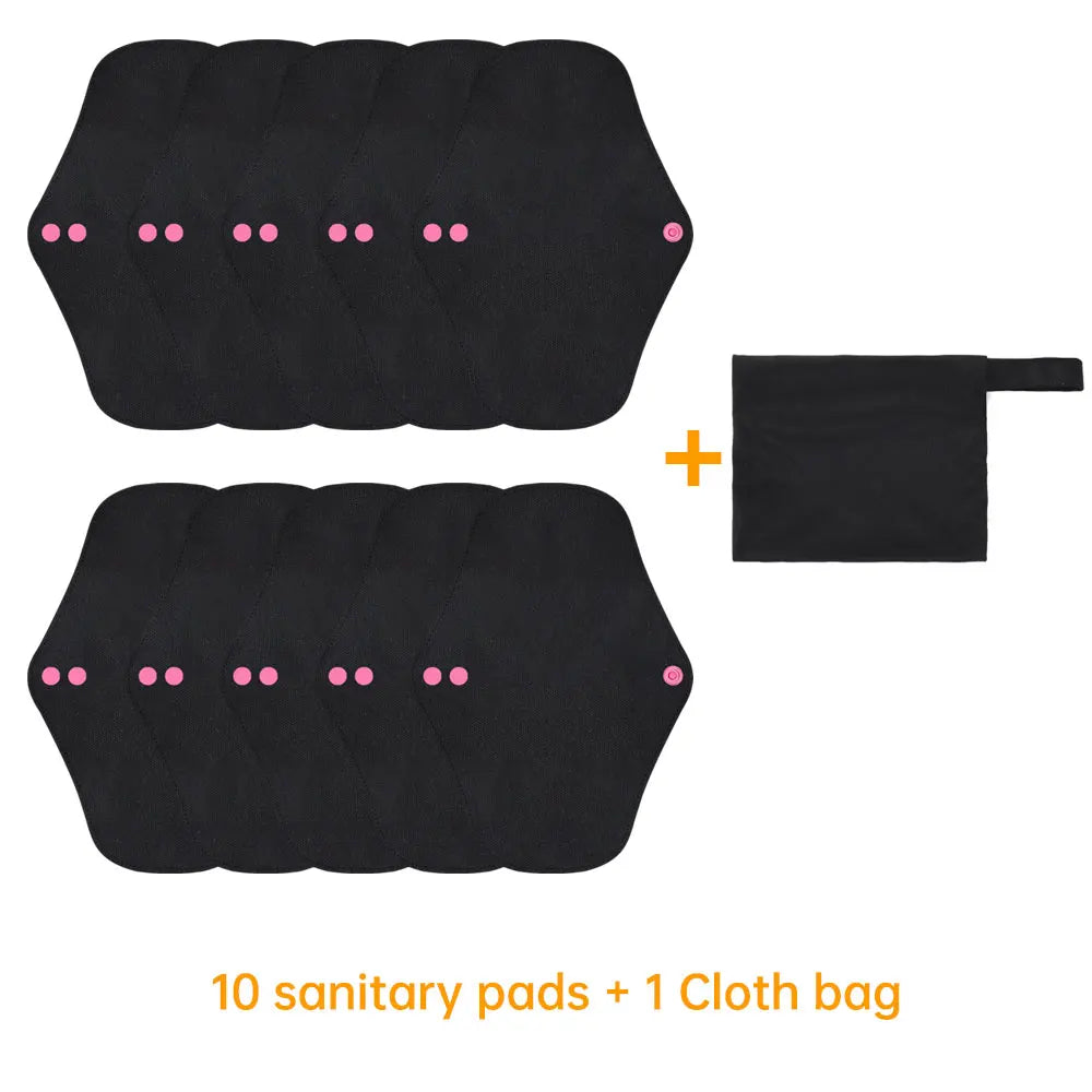 Reusable Pads Set 4 Sizes for Choice Pure Black Reusable Menstrual Pads Super Absorbent Sanitary Napkins.