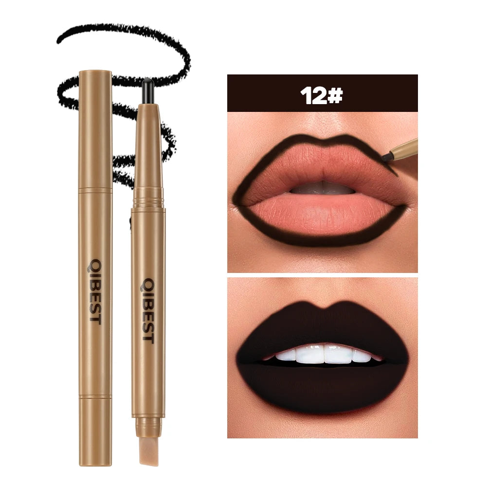QIBEST Double Ended Lip Liner&Brush Pen 2 In 1 Stick Mist Matte Contour Tint Lipstick Pencil Nude Black Lipliner Lasting Makeup