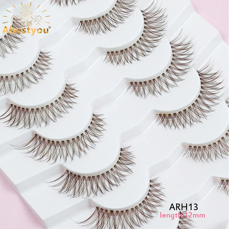Abestyou Offical 7Pair 12mm Short Brown Coffee Color False EyeLashes Natural Long Wispy Invisible Band Full Strip 3d Mink Lashes