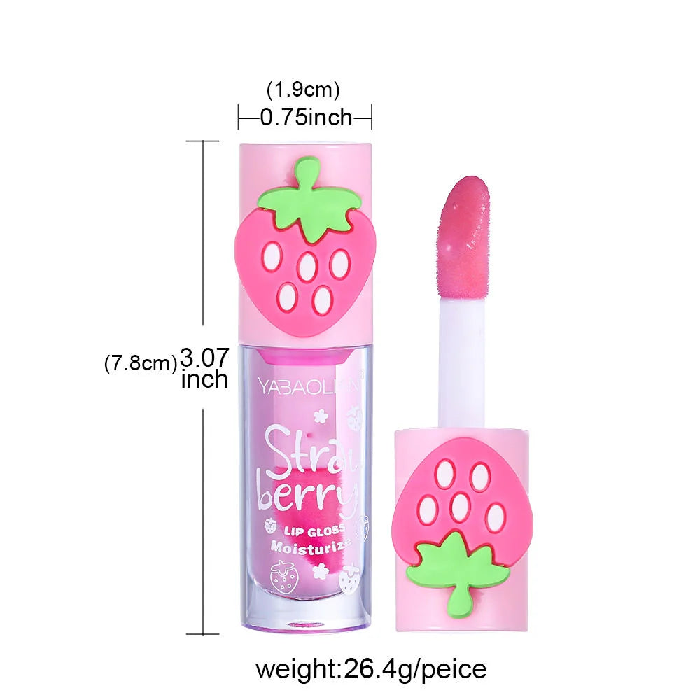 YABAOLIAN 3D Strawberry Mirror Lip Oil, Moisturizing Fade Lip Lines Water Jelly Lip Gloss Transparent Plump Lips Lipstick