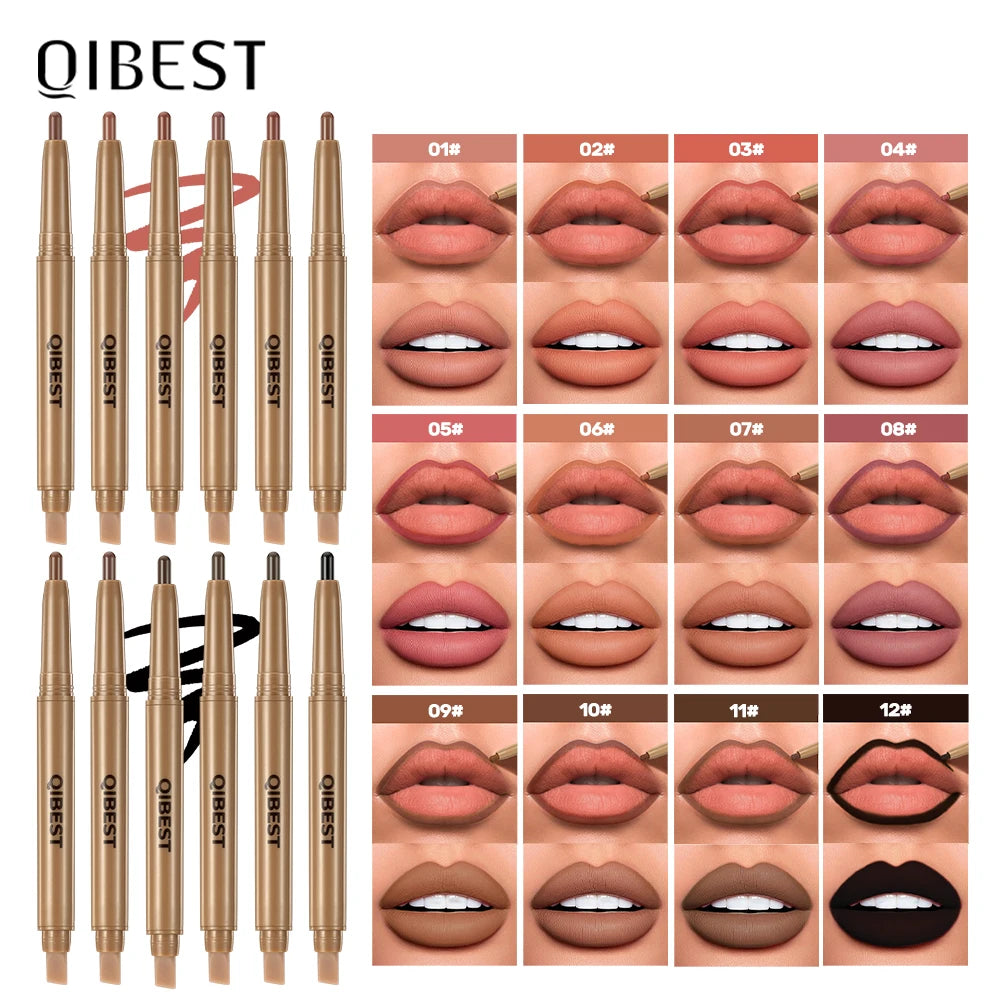 QIBEST Double Ended Lip Liner&Brush Pen 2 In 1 Stick Mist Matte Contour Tint Lipstick Pencil Nude Black Lipliner Lasting Makeup