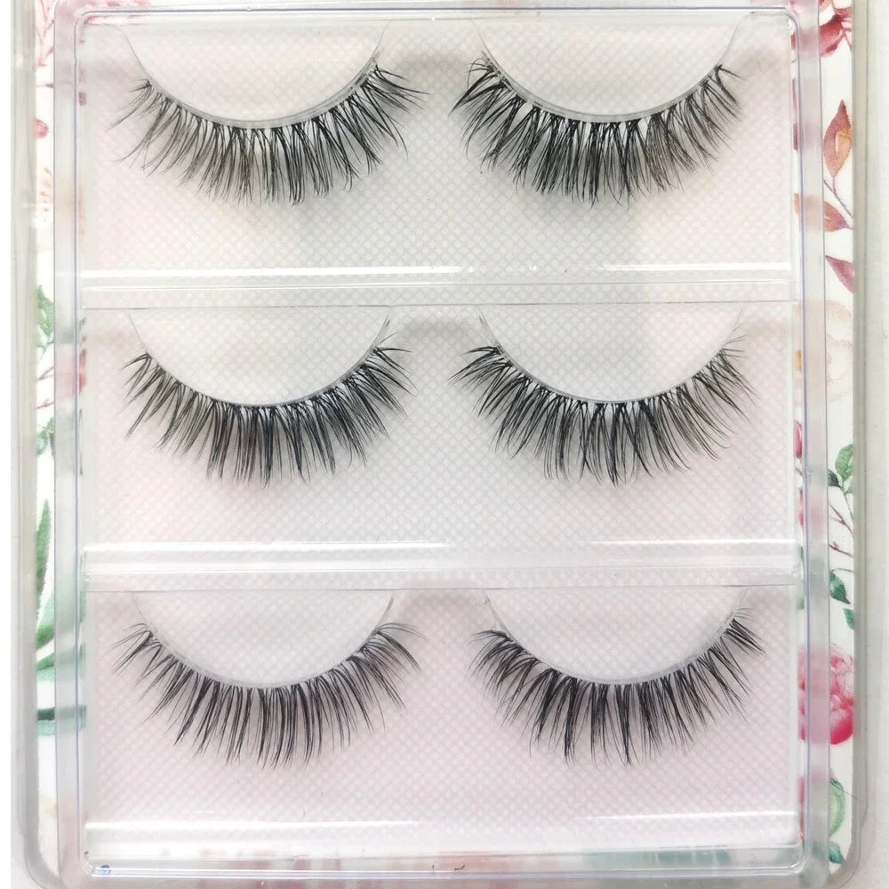 NEW 3Pair 4D Mink Lashes Natural Short Long Invisible Thin Band Fake Lashes Curl Soft Eyelashes Extension Beauty