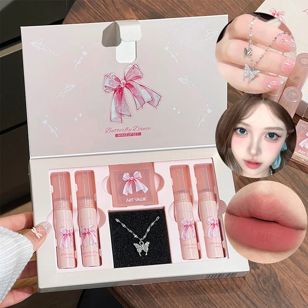 Art Value Butterfly Dance Color Box Four Lip Glaze Blush Set Necklace Lip Mud Blush Set