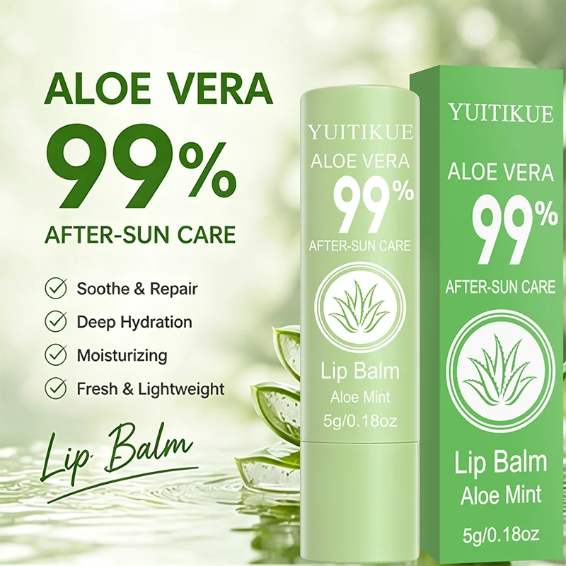 YUITIKUE 99% Aloe Vera Lip Balm, Aloe Mint After Sun Care, Deep Hydrating Soothing Moisturizing Lip Stick For Dry Lips