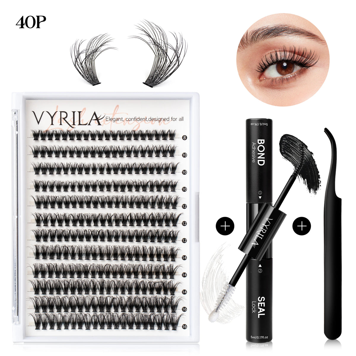 VYRILA Lash Extension Kit Wispy C Curl Lash Clusters Kit Hush 8-16mix Individual Lashes with Lash Bond and Seal Lash Tweezers