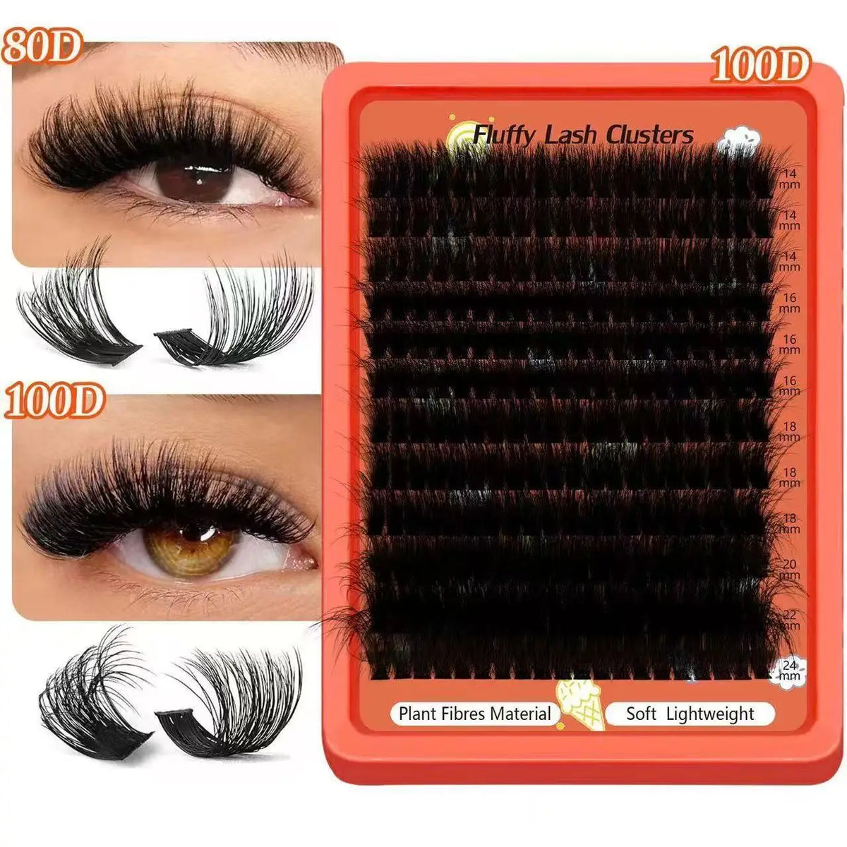 80D-100D Fluffy Cluster Lashes 8D D Curl 0.07mm 14-22mm Mixed Tray DIY Soft Reusable Lash Extensions For Home Beginners