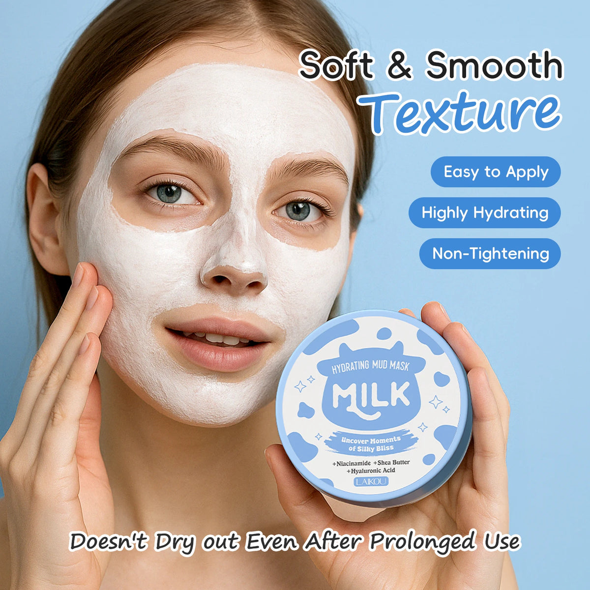 LAIKOU Milk Hydrating Mud Mask 90g Kaolin Sea Mud Gentle Cleansing Smoothing Brightening Face Clay Mask